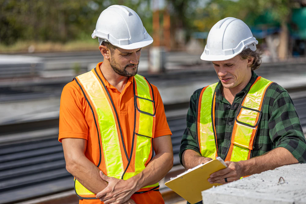 Two construction workers in hard hats reviewing documents on a clipboard at a job site